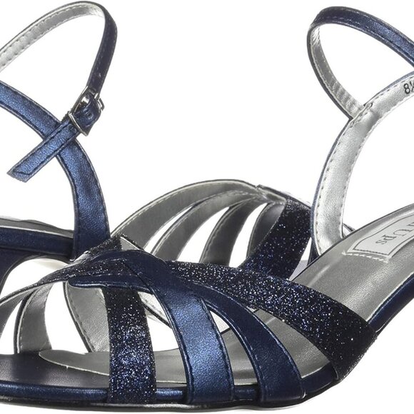 Women's Ankle-Strap Sandal Faux Leather Glitter Navy Size 12 Heel - Picture 7 of 8